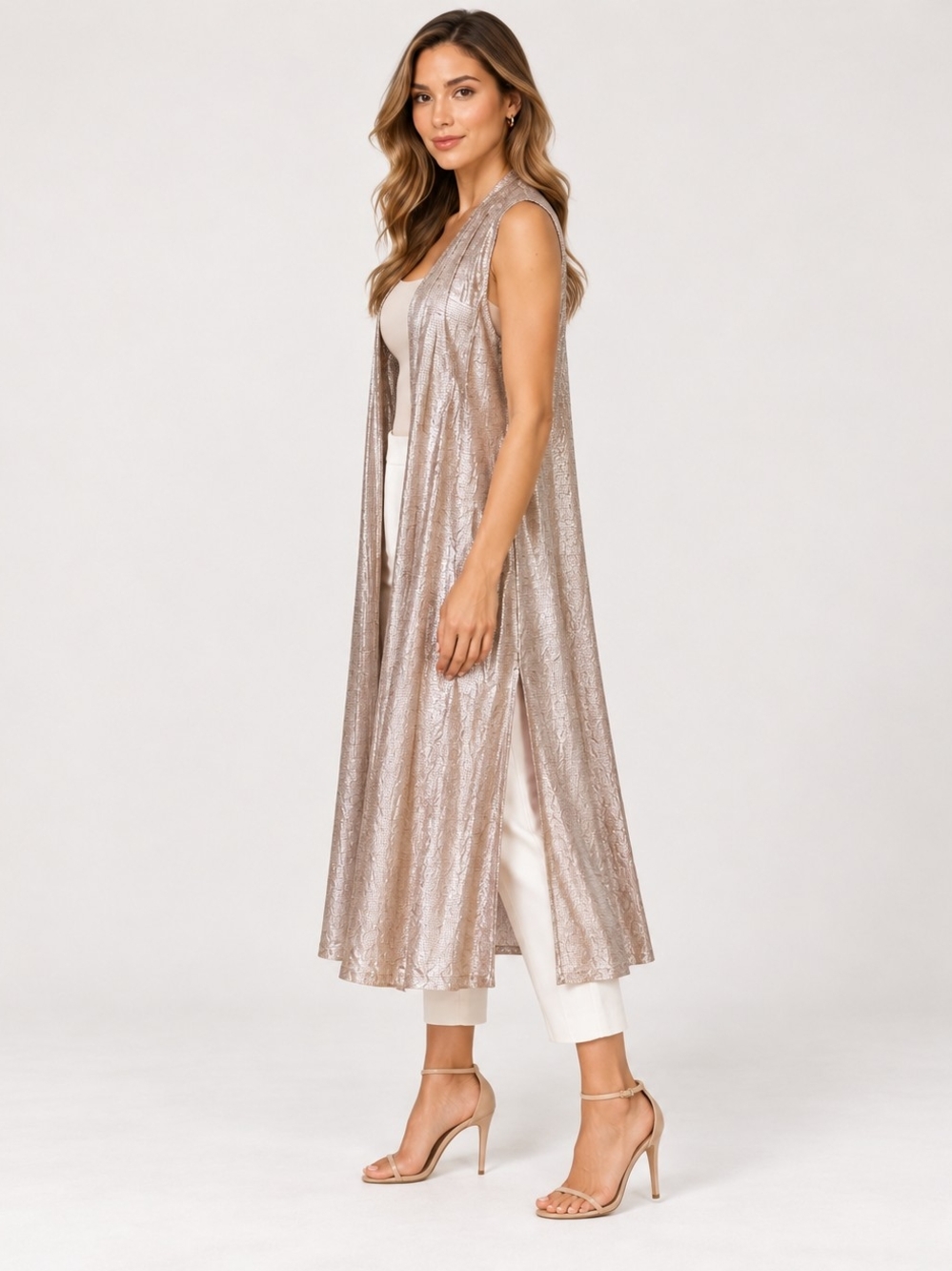 NWT LuLaRoe JOY Metallic Silver & Pink Sleeveless Long Open Duster Vest SZ XL